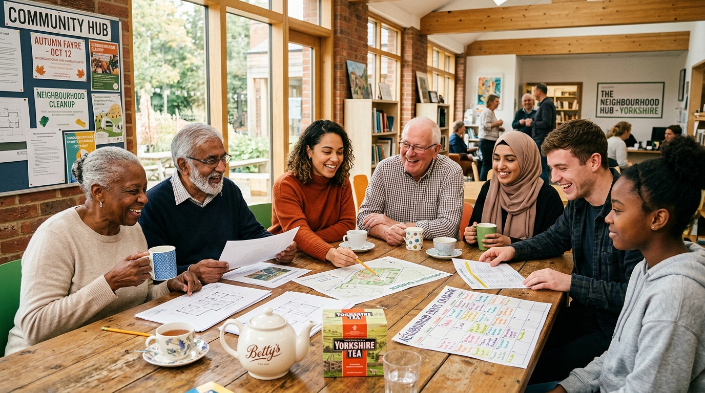 Eastlight community residents meeting warmly together over tea to plan neighbourhood improvements