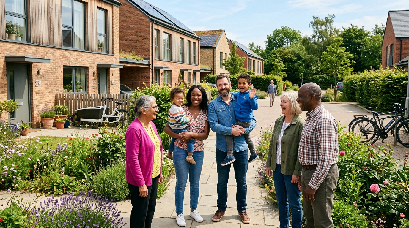 Diverse Eastlight residents smiling together in front of modern, sustainable homes with flowering front gardens