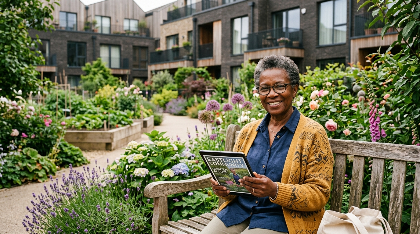 Resident reading the new edition of Shine Magazine on a park bench in a sunny community garden